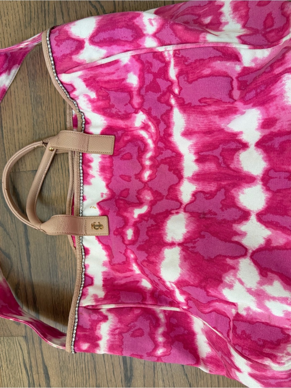 Juicy Couture Pink and White Tie-Dye Canvas Tote with Tan Leather Handles
